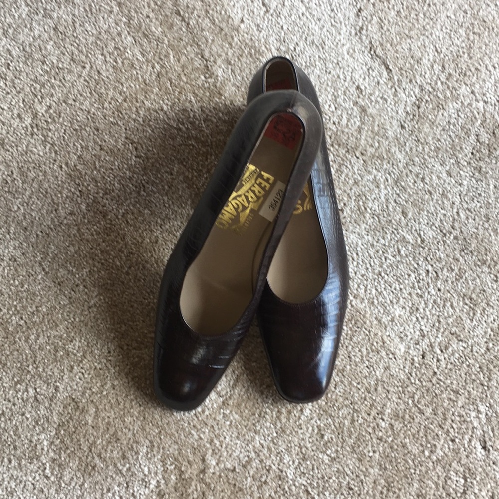 Salvatore Ferragamo Dark Brown Croc-Embossed Leather Slip-Ons